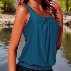 Yonique Women XL Blue Tankini Top Swimwear Loose Fit Full Coverage Adjustable